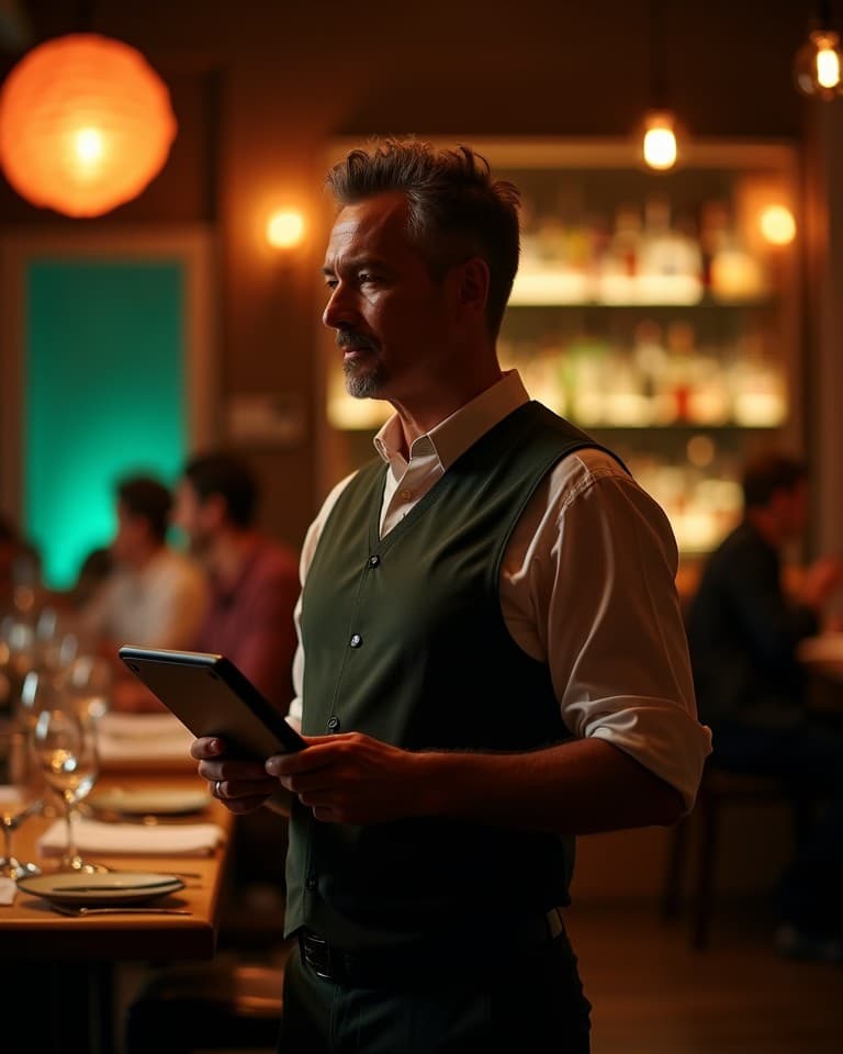Restaurantleiterin blickt ueber den Gastraum